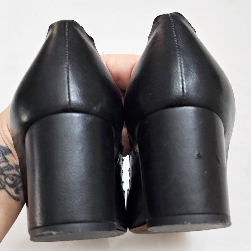 CHLOE Lauren Scalloped Leather Pumps Curved Block Heels Slip On 37.5 / 7.5 Black - Picture 11 of 16
